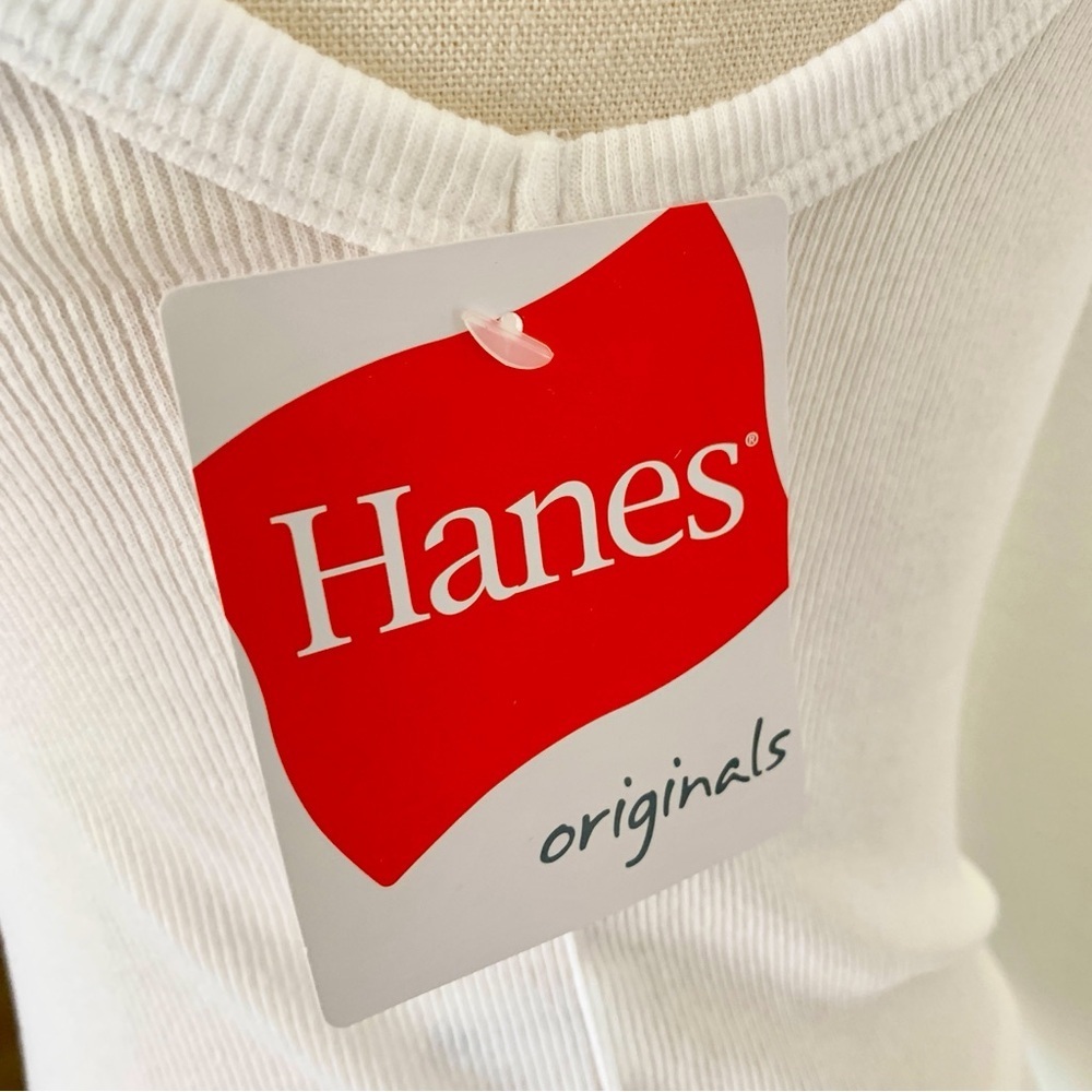 Hanes Originals White Scoop Neck Fitted Cropped Ribbed Tank Top Stretch Cotton - Picture 6 of 9